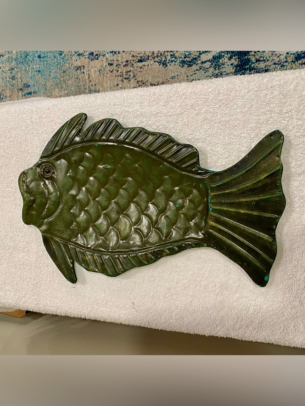 Vintage green fish shaped cast iron wall hanging art display